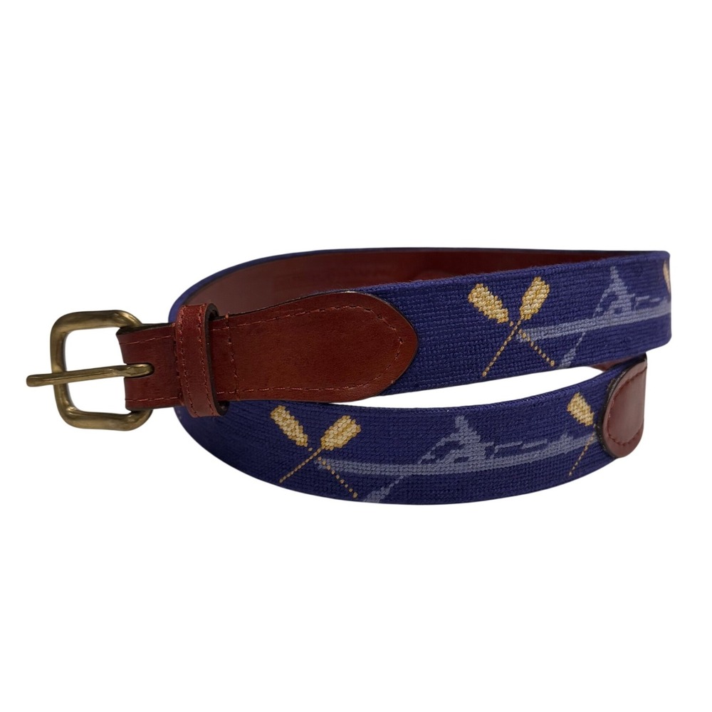 Smathers & Branson Mens 34 Needlepoint Belt Rowing Crew Oars Navy Blue Leather